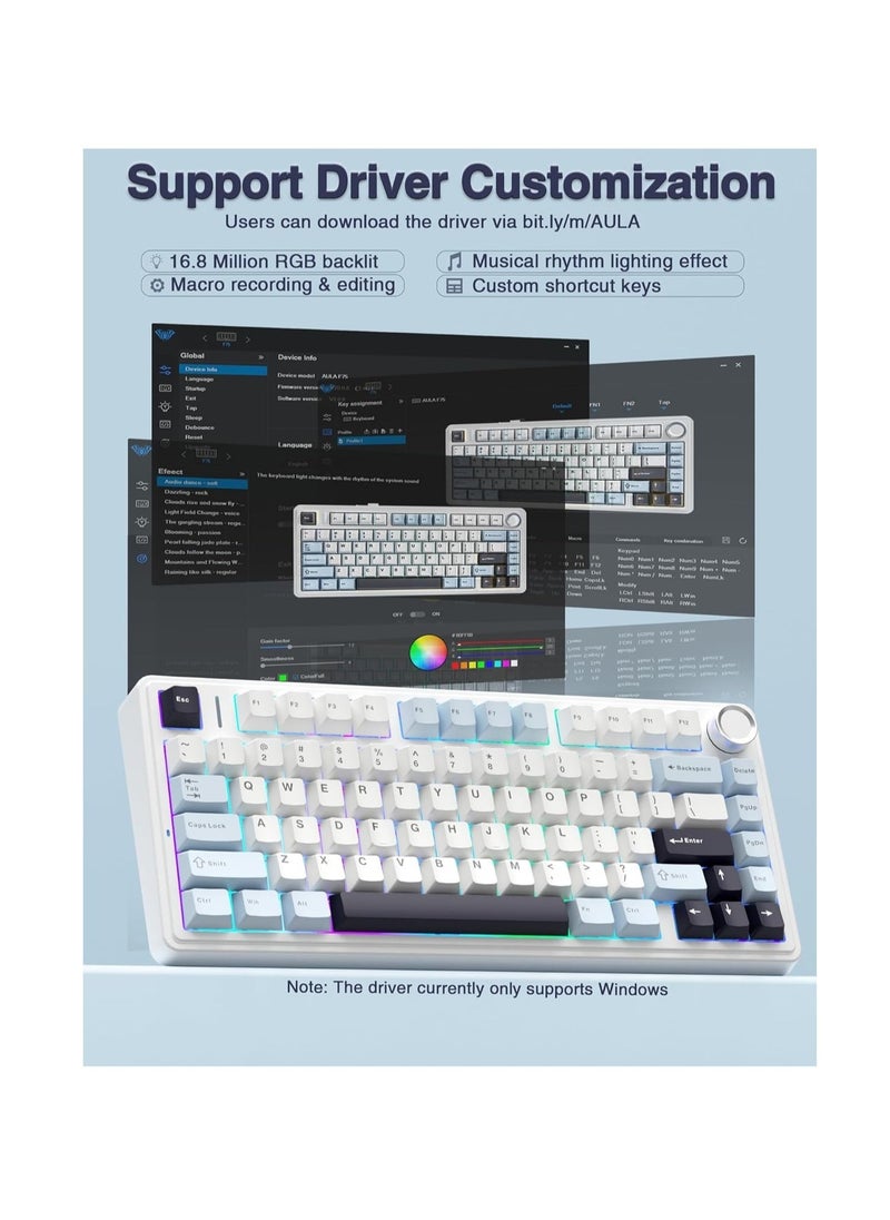 AULA F75 75% Wireless Mechanical Keyboard,Gasket Hot Swappable Custom Keyboard,Pre-lubed Reaper Switches RGB Backlit Gaming Keyboard,2.4GHz/Type-C/BT5.0 Mechanical Keyboard (Ice Vein switch White & Blue)