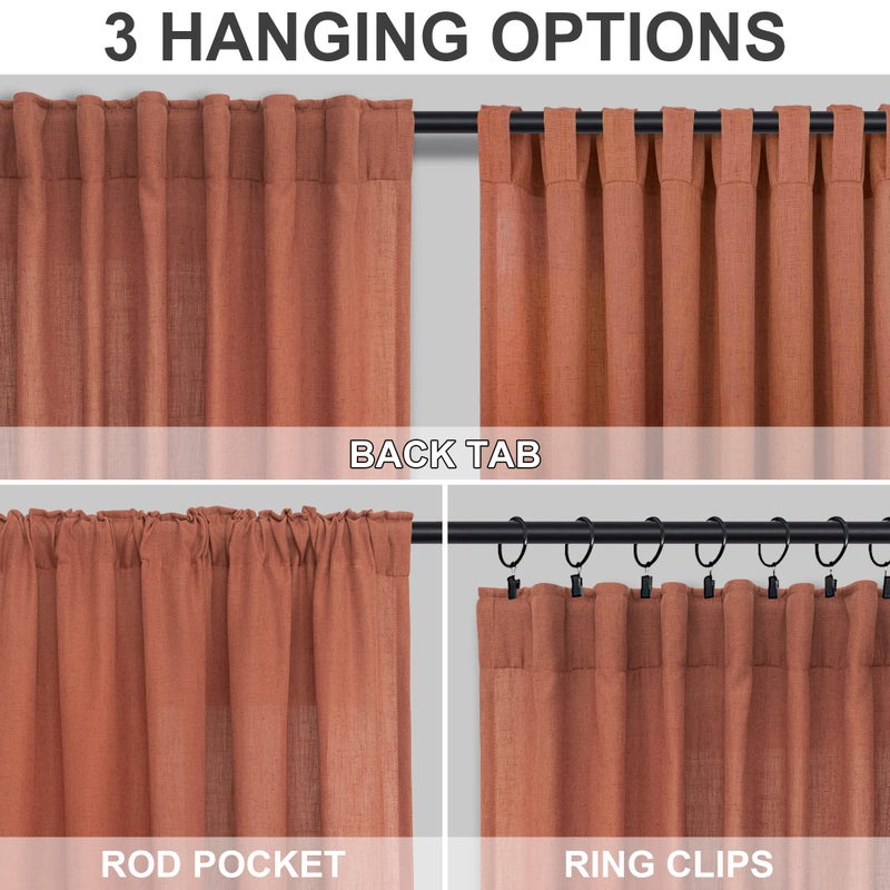 DANCURTON Terracotta Curtains 84 Inch Length for Living Room 2 Panels Back Tab Pocket Drapes Light Filtering Semi Sheer Flax Linen Burnt Orange Brown Red Rust Curtain for Bedroom Boho Farmhouse Decor 52x84 Long - Image 4