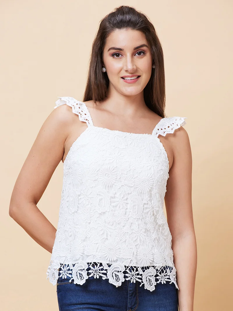 globus Globus Women White Self Design Lace Top