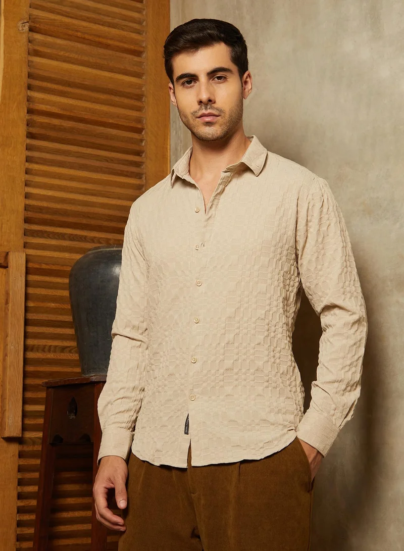Campus Sutra Men's Saltbox Beige Embossed Geometric Shirt
