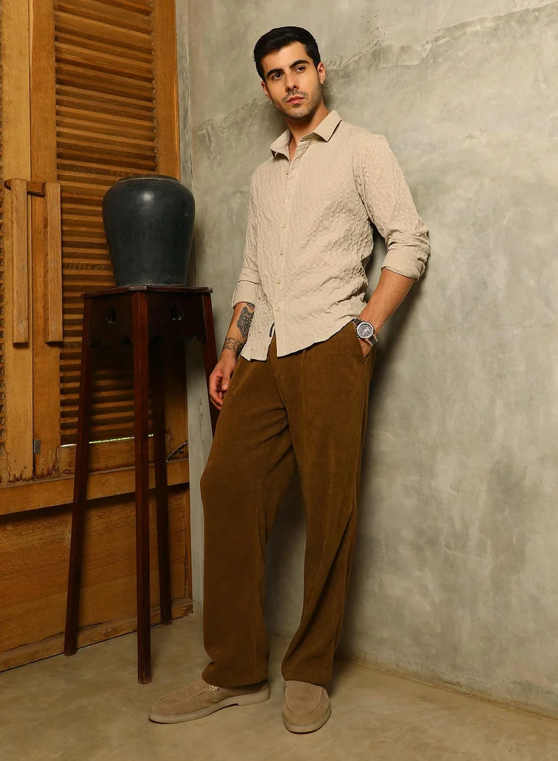 Campus Sutra Men's Saltbox Beige Embossed Geometric Shirt