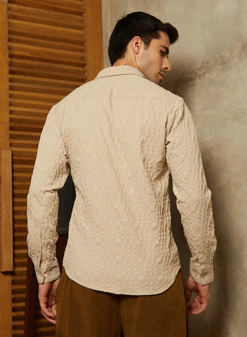 Campus Sutra Men's Saltbox Beige Embossed Geometric Shirt