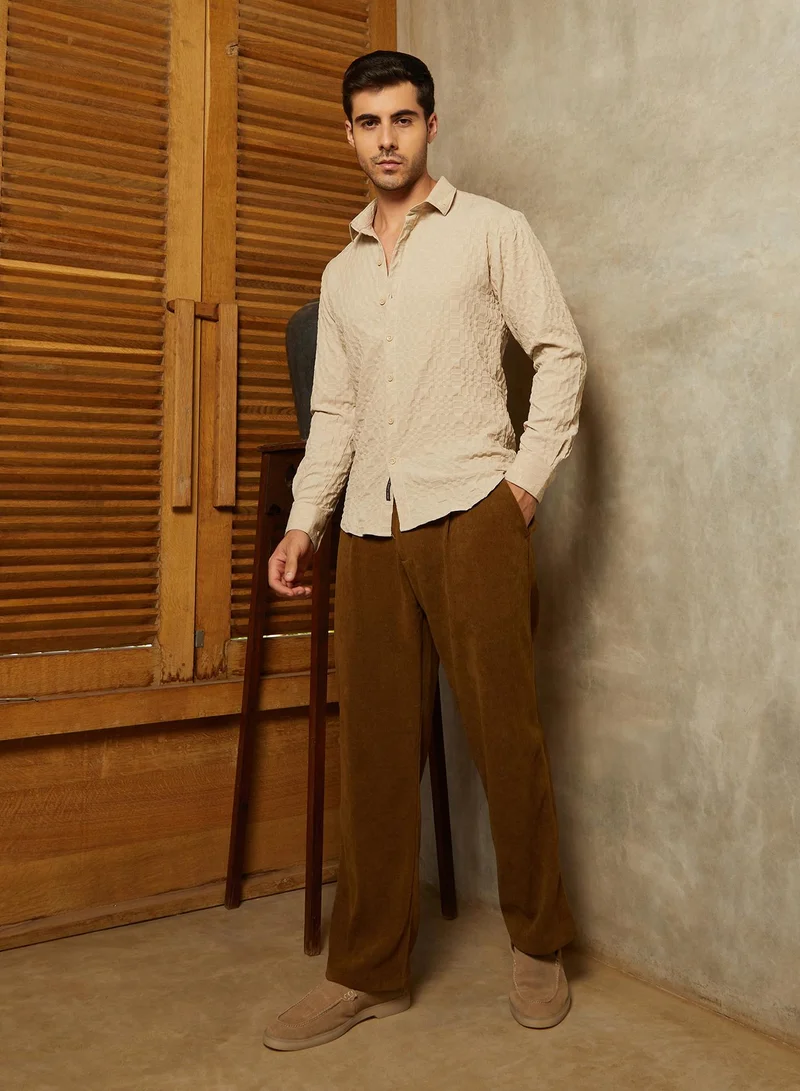 Campus Sutra Men's Saltbox Beige Embossed Geometric Shirt