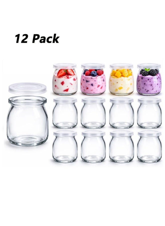 12 Pack 200ml Glass Yogurt Jars with Lids, 7oz Clear Pudding Cups for Dessert, Yogurt, Jelly, Milk, Honey and Homemade Treats, Reusable Round Glass Containers for Home Kitchen Storage - Image 1