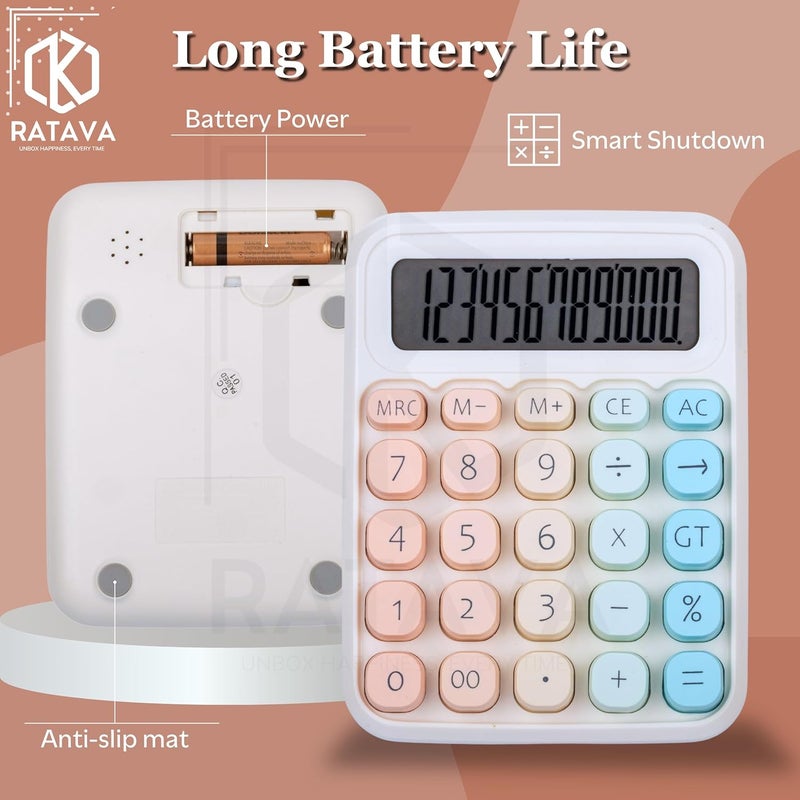 RATAVA Colorful Candy Basic Calculator | 12-Digit Large LCD Display with Sugar Cube Buttons | Cute & Functional for Office, School, Home & Business | Color - Ice-Cream | (1 Pc), White - Image 3