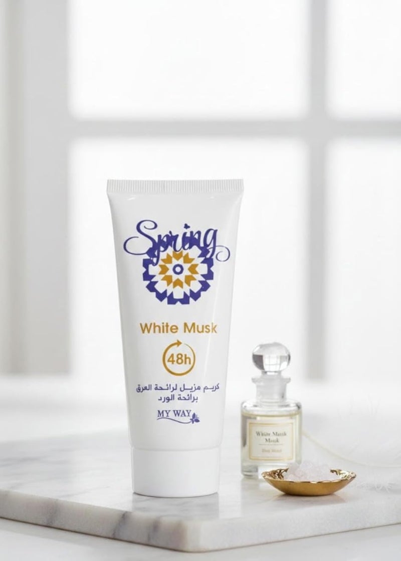 Spring Deodorant Cream for Unisex, 4 in 1 Formula, 48H Protection, Signature Scents, Lightening & Reducing Hair Growth (40, White Musk)