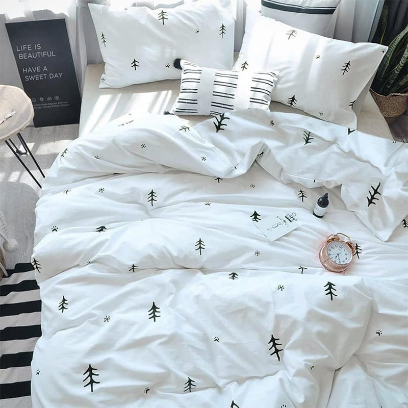 BuLuTu Kids Duvet Cover Twin Cotton White/Grey,Premium Boys Girls Bedding Sets Twin,Single Bed Comforter Cover Zipper Closure,Forest Tree Print Pattern,Super Soft,Breathable,No Comforter - Image 1
