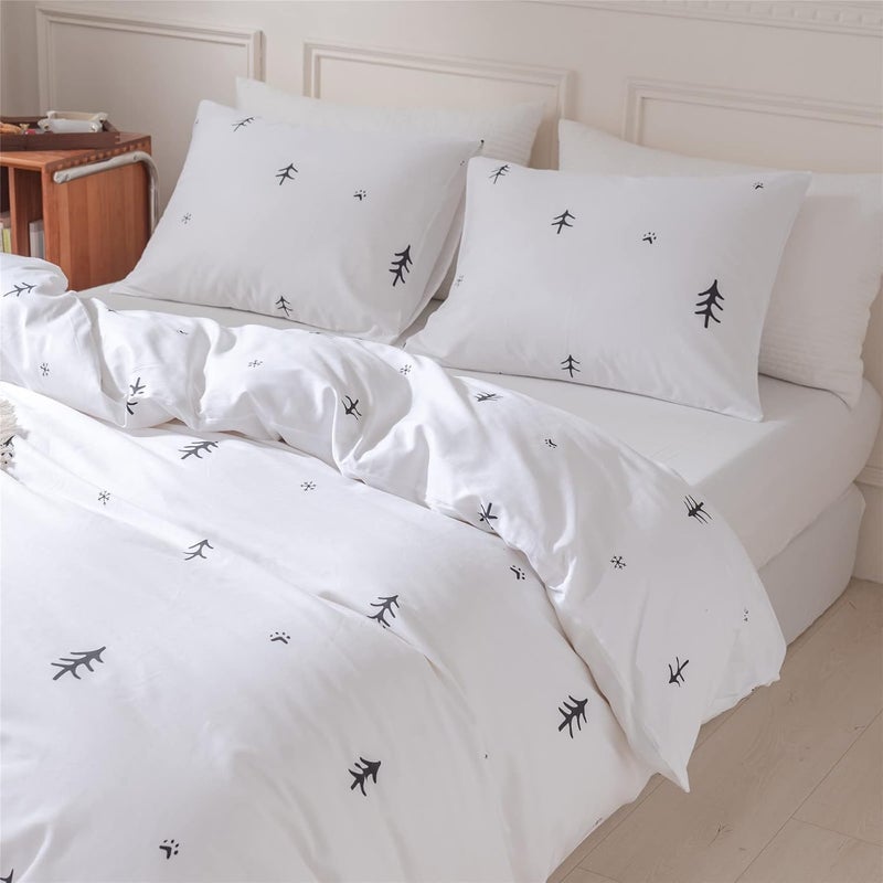 BuLuTu Kids Duvet Cover Twin Cotton White/Grey,Premium Boys Girls Bedding Sets Twin,Single Bed Comforter Cover Zipper Closure,Forest Tree Print Pattern,Super Soft,Breathable,No Comforter - Image 5