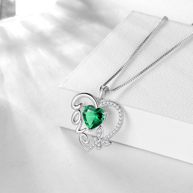 Juwaliy Green Love Heart Necklace Butterfly May Birthstone Necklace Emerald 925 Sterling Silver Jewelry Women Valentine Christmas Birthday Mothers Day Gift Idea - Image 3