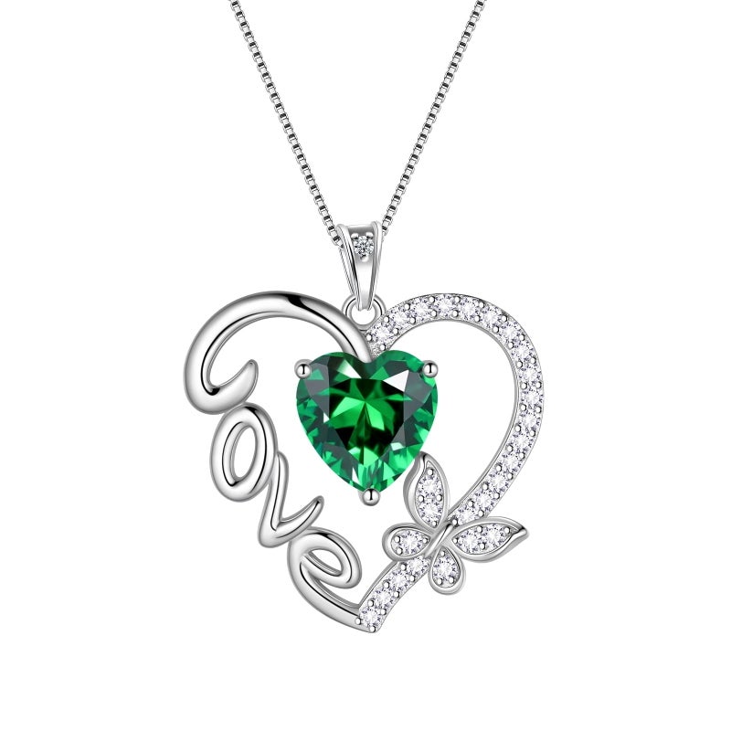 Juwaliy Green Love Heart Necklace Butterfly May Birthstone Necklace Emerald 925 Sterling Silver Jewelry Women Valentine Christmas Birthday Mothers Day Gift Idea - Image 1