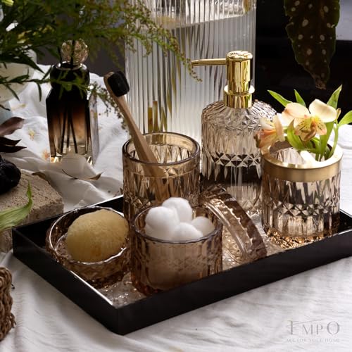 EMPO 6PCS Bathroom Clear Glass Accessories Set (Lotion Soap Dispenser, Soap Dish, Toothbrush Holder, Tumbler, Cotton Swab Jar), Contemporary Modern Decor Crystal Vintage Gift (6pcs Brown) - Image 3