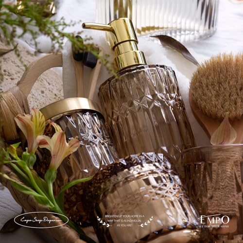 EMPO 6PCS Bathroom Clear Glass Accessories Set (Lotion Soap Dispenser, Soap Dish, Toothbrush Holder, Tumbler, Cotton Swab Jar), Contemporary Modern Decor Crystal Vintage Gift (6pcs Brown) - Image 4