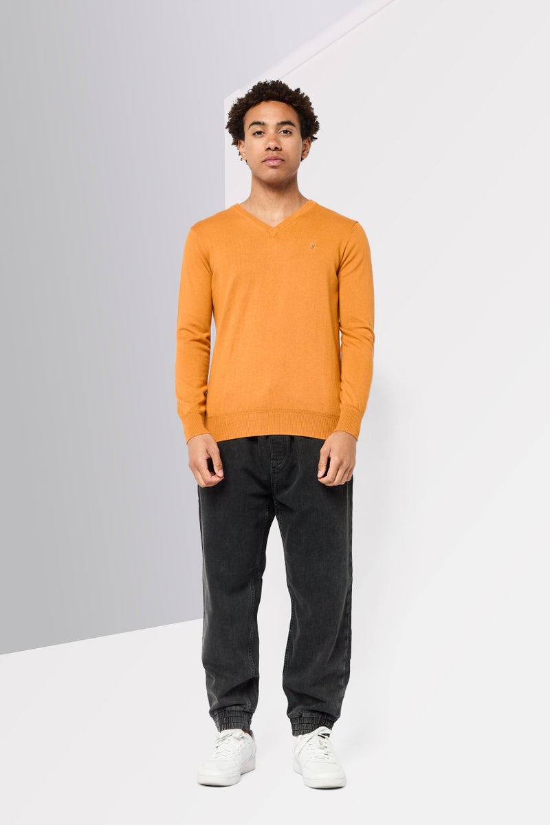 Harmont & Blaine Jeans Men V-Neck Embroidered Logo Sweater, Dark Orange - Image 3
