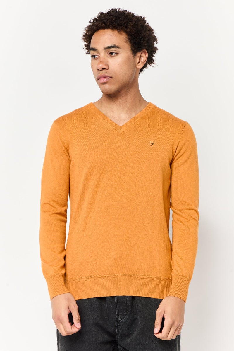 Harmont & Blaine Jeans Men V-Neck Embroidered Logo Sweater, Dark Orange - Image 1