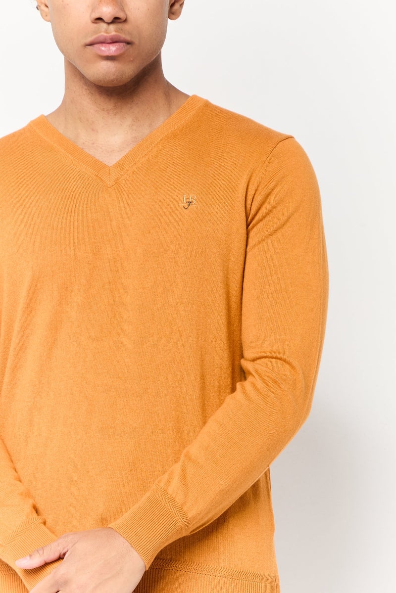 Harmont & Blaine Jeans Men V-Neck Embroidered Logo Sweater, Dark Orange - Image 4