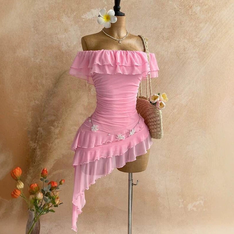 Women's Off-Shoulder Ruffled Hem Mini Dress - Image 1