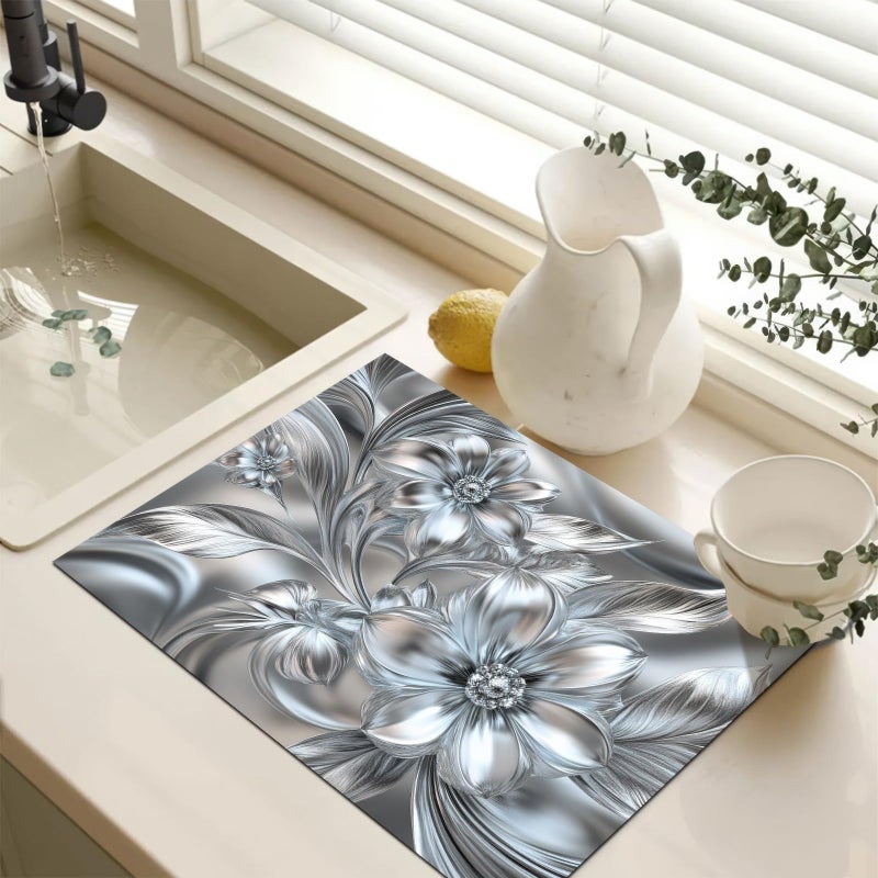 HOMETITUTE Silver Flowers Stove Top Covers Pad 28 x 20 inches Flora Kitchen Decorations Coffee Bar Mats Diatomite Dish Drying Mat Pad for Coffee Maker Machine Dish Drying Stove Top Dishes - Image 3