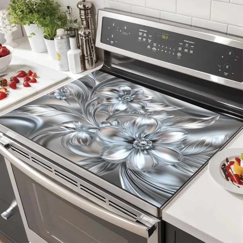 HOMETITUTE Silver Flowers Stove Top Covers Pad 28 x 20 inches Flora Kitchen Decorations Coffee Bar Mats Diatomite Dish Drying Mat Pad for Coffee Maker Machine Dish Drying Stove Top Dishes - Image 1