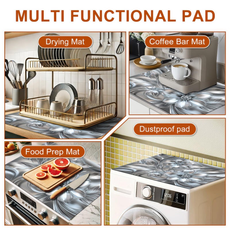HOMETITUTE Silver Flowers Stove Top Covers Pad 28 x 20 inches Flora Kitchen Decorations Coffee Bar Mats Diatomite Dish Drying Mat Pad for Coffee Maker Machine Dish Drying Stove Top Dishes - Image 2
