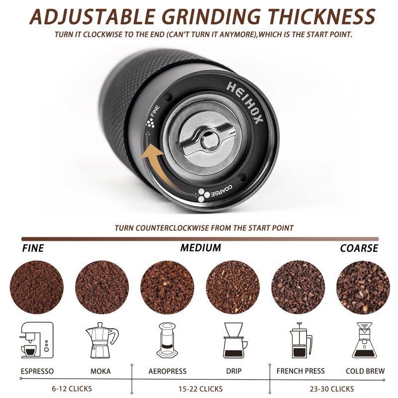 HEIHOX Manual Coffee Grinder - HEIHOX Hand with Adjustable Conical Stainless Steel Burr Mill, Capacity 30g Portable Mill Faster Grinding Efficiency Espresso to Coarse for Office, Home, Camping  - Image 2