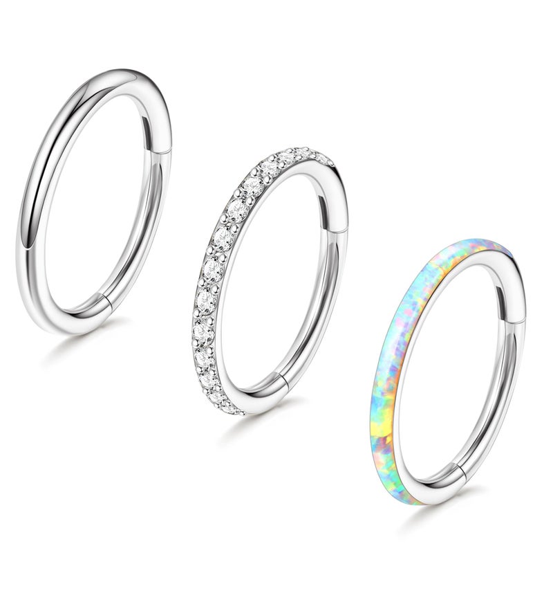 Staligue 3pcs Nose Rings Hoops - 316L Surgical Steel Hinged Nose Hoops 16G/18G/20G CZ Clicker Septum Nose Ring Lip Helix Cartilage Hoop Earring Daith Rook Conch Body Piercing Jewelry for Women Men 8mm 10mm (Silver, 20 gauge(0.8mm)-7mm) - Image 1