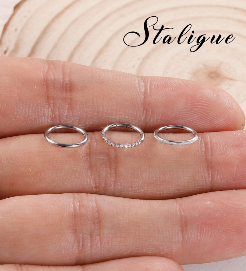Staligue 3pcs Nose Rings Hoops - 316L Surgical Steel Hinged Nose Hoops 16G/18G/20G CZ Clicker Septum Nose Ring Lip Helix Cartilage Hoop Earring Daith Rook Conch Body Piercing Jewelry for Women Men 8mm 10mm (Silver, 20 gauge(0.8mm)-7mm) - Image 4