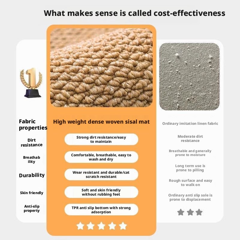 Japanese Style Solid Color Sisal-Like Area Rug, Thickened Dirt-Resistant, Polypropylene, Machine Washable - Image 2