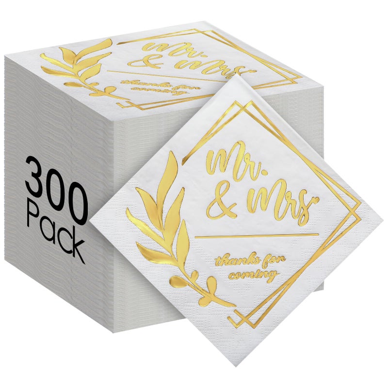 Tinlade 300 Pcs Mr and Mrs Wedding Napkins for Reception 3 Ply Gold Disposable Cocktail Dessert Napkins Beverage Decor for Engagement Table Decorations Bridal Shower Party Supplies5 x 5 Inch