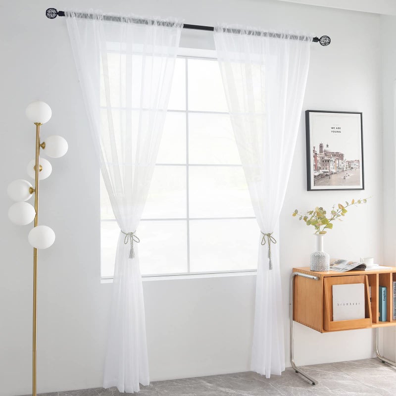 youleyar Solid Sheer Rod Pocket Curtain Voile Draperies 2 Panels White Beige Black Grey Coffee 52 Inch Width 63 Inch Long 1 Pair for Kitchen Bedroom Children Living Room Yard(White,52Wï½˜63L) - Image 2