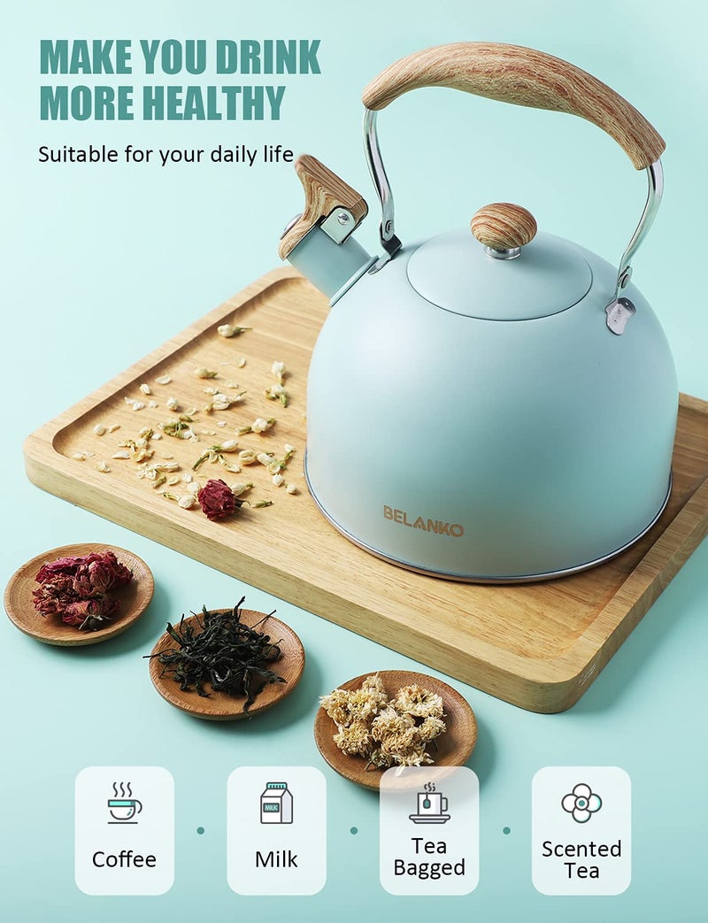 BELANKO Tea Kettle, BELANKO 85 OZ / 2.5 Liter Whistling Tea Kettle, Tea Pots for Stove Top Food Grade Stainless Steel with Wood Pattern Folding Handle, Loud Whistle Kettle for Tea, Coffee, Milk - Turquoise - Image 2