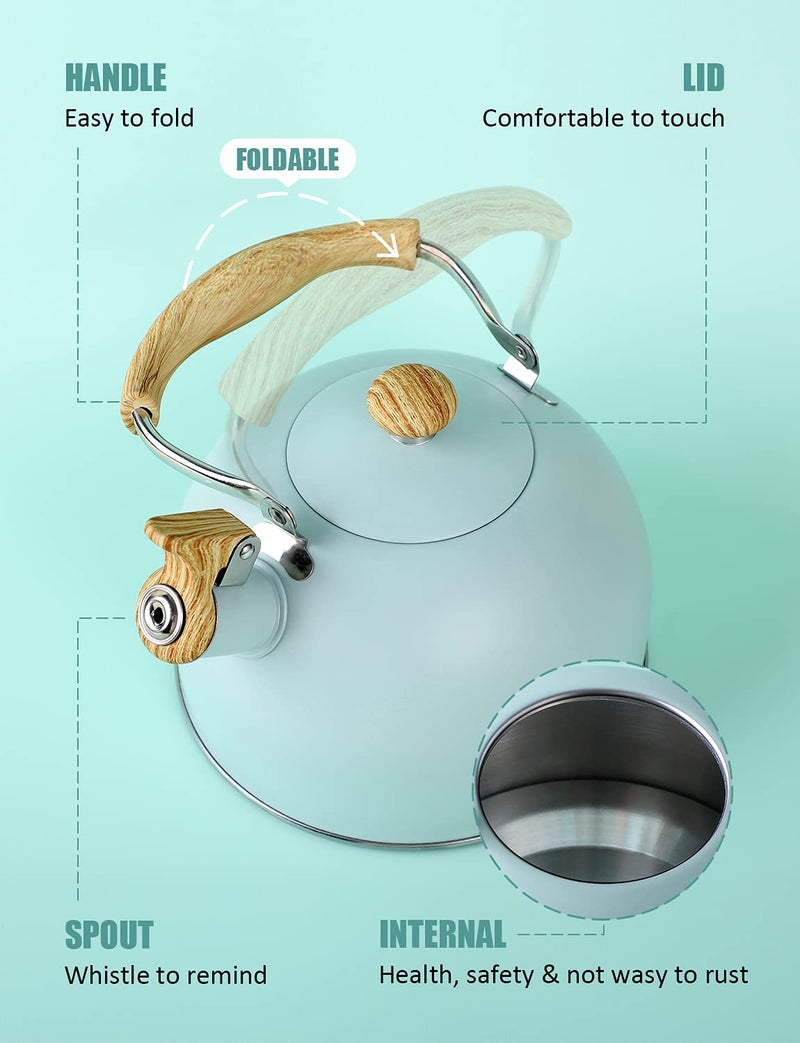 BELANKO Tea Kettle, BELANKO 85 OZ / 2.5 Liter Whistling Tea Kettle, Tea Pots for Stove Top Food Grade Stainless Steel with Wood Pattern Folding Handle, Loud Whistle Kettle for Tea, Coffee, Milk - Turquoise - Image 4