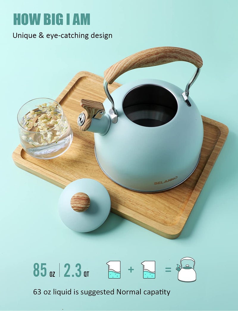 BELANKO Tea Kettle, BELANKO 85 OZ / 2.5 Liter Whistling Tea Kettle, Tea Pots for Stove Top Food Grade Stainless Steel with Wood Pattern Folding Handle, Loud Whistle Kettle for Tea, Coffee, Milk - Turquoise - Image 3