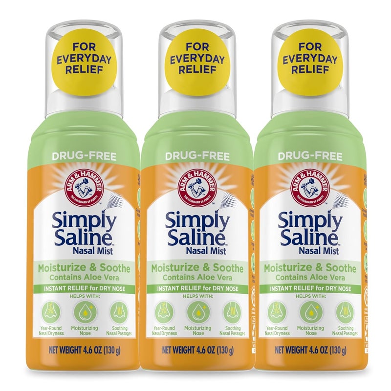 Arm & Hammer Arm & Hammer Simply Saline Moisturize & Soothe Nasal Mist, Drug-Free Moisturizing Saline Nasal Spray for Instant Relief for Dry Nose, 4.6 Oz (130 g), 3 Pack