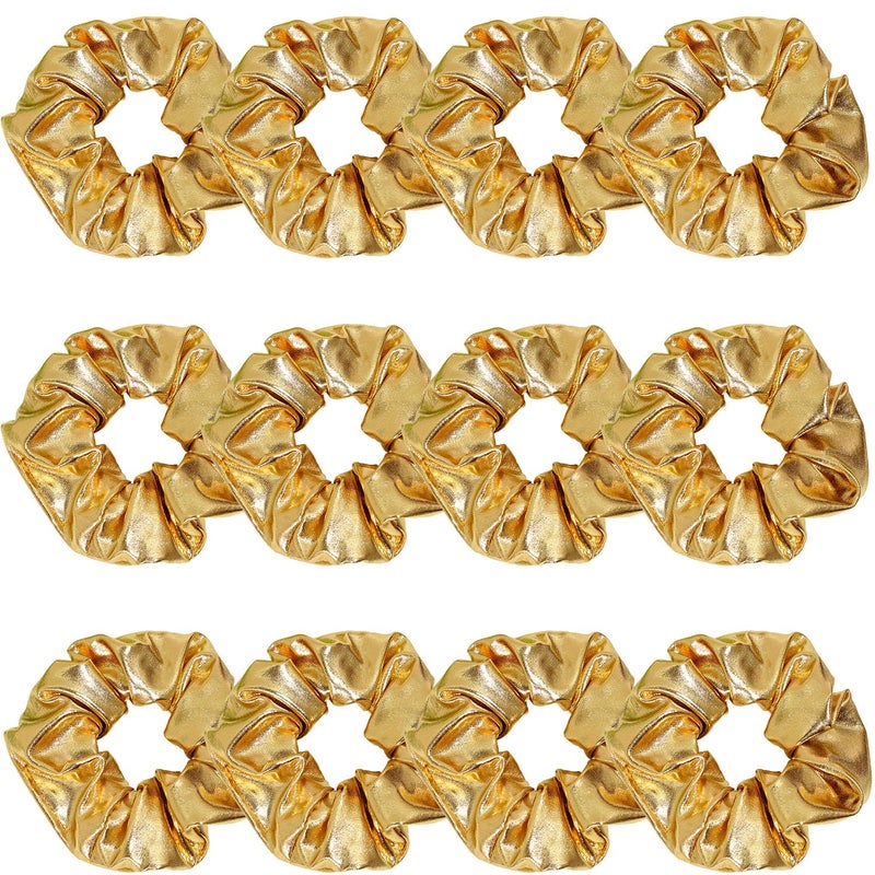 12 Pcs PU Leather Cheer Hair Scrunchies Gold Scrunchy School Performance Ponytail Holder Hair Accessories for Cheerleading Teen Girls College Sports Gold