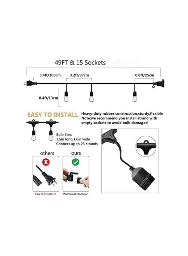 The Bros Patio String Lights,51Ft/15M Led String Lights Outdoor 15- E27 Plastic Edison Bulbs,Warm White String Lights Outdoor,IP65 Waterproof Hanging Light Strings for Wedding Patio Indoor Outdoor Party Garden - Image 3