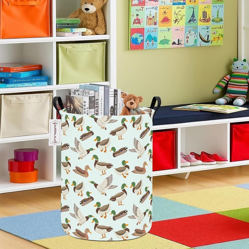 QUEENLALA Large Storage Basket,Laundry Hamper/Bathroom/Home Decor/Collapsible Round Storage Bin,Boys and Girls Hamper/Boxes/Clothing(Round-Mallard Duck) - Image 4
