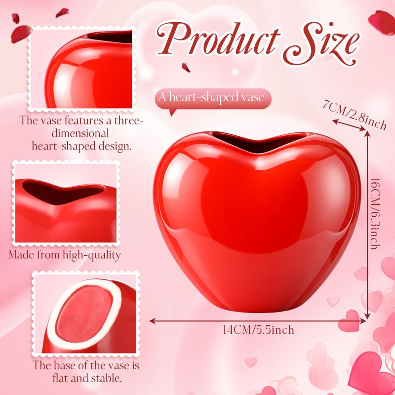 Youyole Valentine's Day Heart Vase Set with 4 Red Berry Stems, 6.5" Heart-Shaped Ceramic Vase with Artificial Berry Branches, Romantic Table Centerpiece Decor for Couples, Home, Office & Gift (Red) - Image 2
