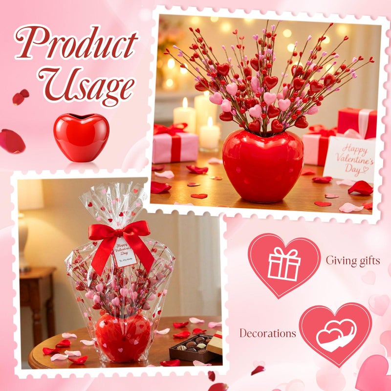 Youyole Valentine's Day Heart Vase Set with 4 Red Berry Stems, 6.5" Heart-Shaped Ceramic Vase with Artificial Berry Branches, Romantic Table Centerpiece Decor for Couples, Home, Office & Gift (Red) - Image 4