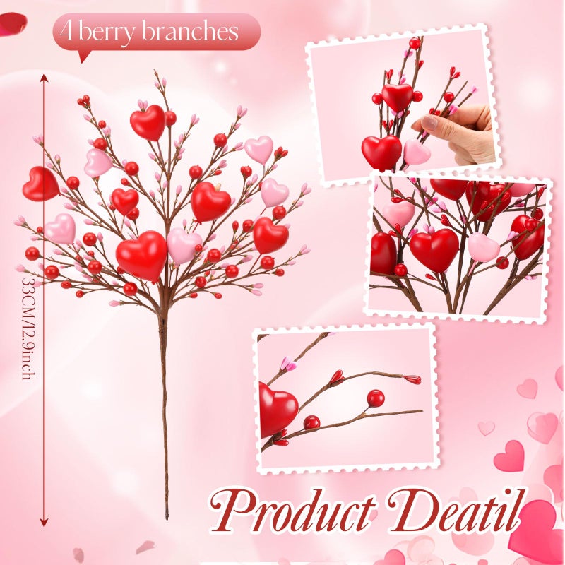 Youyole Valentine's Day Heart Vase Set with 4 Red Berry Stems, 6.5" Heart-Shaped Ceramic Vase with Artificial Berry Branches, Romantic Table Centerpiece Decor for Couples, Home, Office & Gift (Red) - Image 3