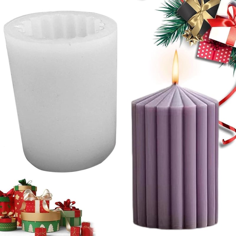 Shoppeecity Striped Pillar Candle Molds I 3D Cylindrical Round Shape Tapered Geometric Silicone Epoxy Casting Mould I Ribbed Pillar Mould for DIY Handmade Ornament Chocolate Cake Dcor Soap Resin Art Craft Making - Image 1