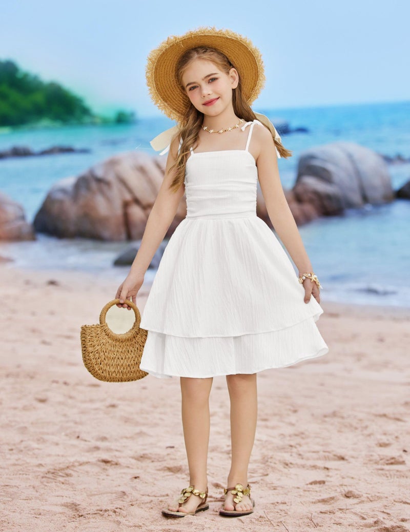 Arshiner Girl Easter Dress Spaghetti Strap Midi Summer Beach Boho Hawaiian Casual Formal Tween Dresses White Size 14-16 - Image 5
