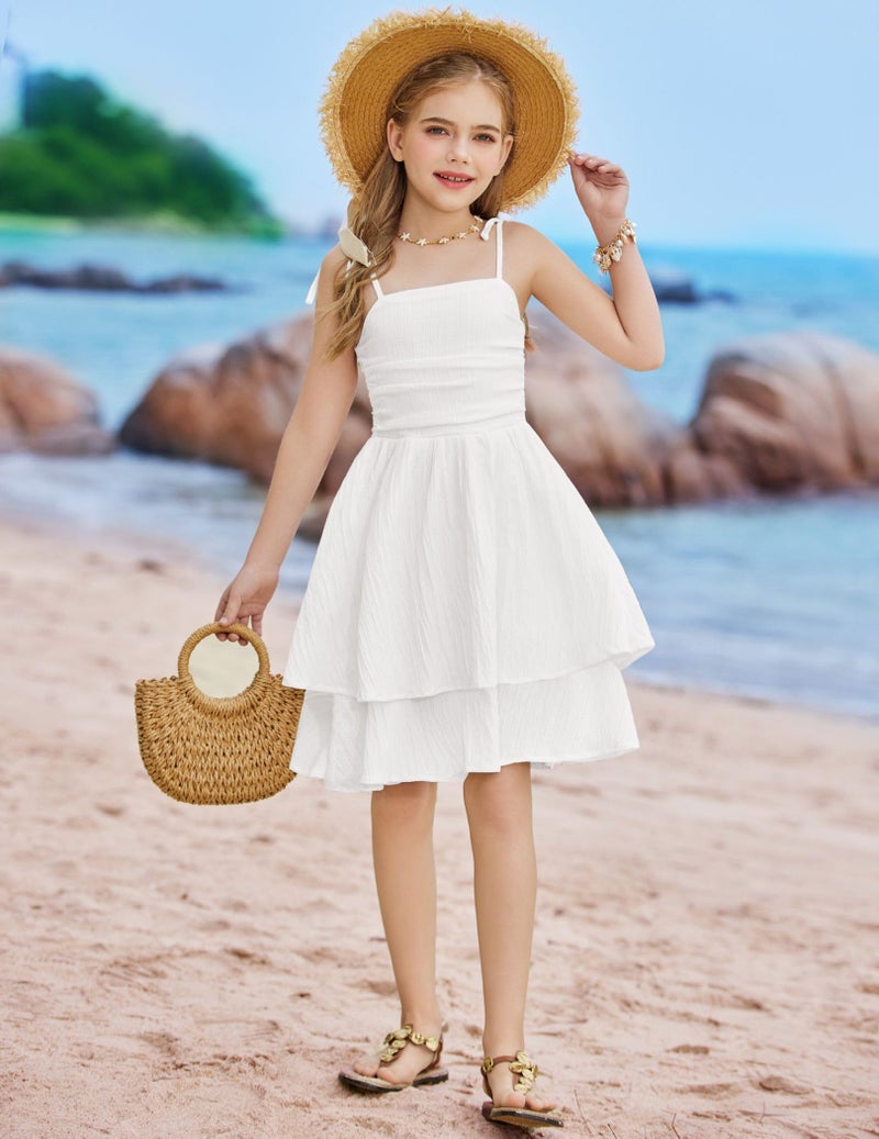 Arshiner Girl Easter Dress Spaghetti Strap Midi Summer Beach Boho Hawaiian Casual Formal Tween Dresses White Size 14-16 - Image 2
