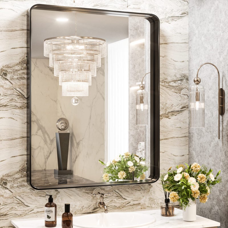 TokeShimi 24 x 32 Inch Black Mirror Wall Mirror for Bathroom Black Metal Frame Decorative Rectangular Wall Mounted Home Decor Corner Hangs HorizontalVertical Living Room Entryway