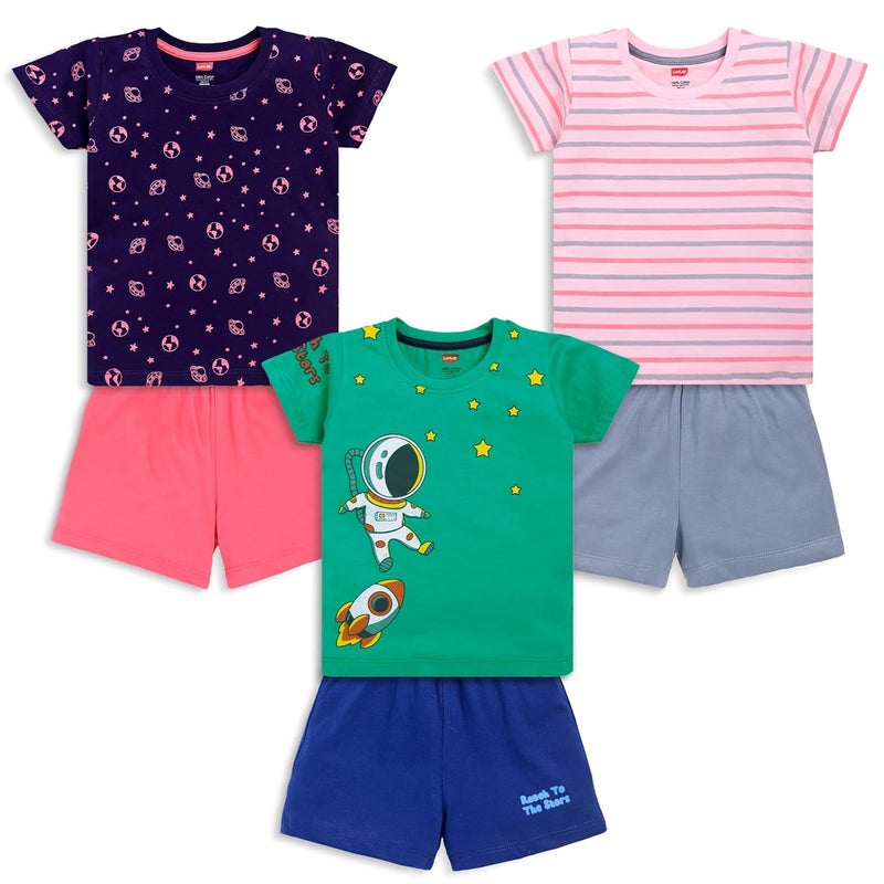 LuvLap Baby Boys Pack of 3 Half Sleeve Printed T-Shirt & Shorts Set - 100% Cotton, XL (12 to 18 Months), Assorted - Image 1