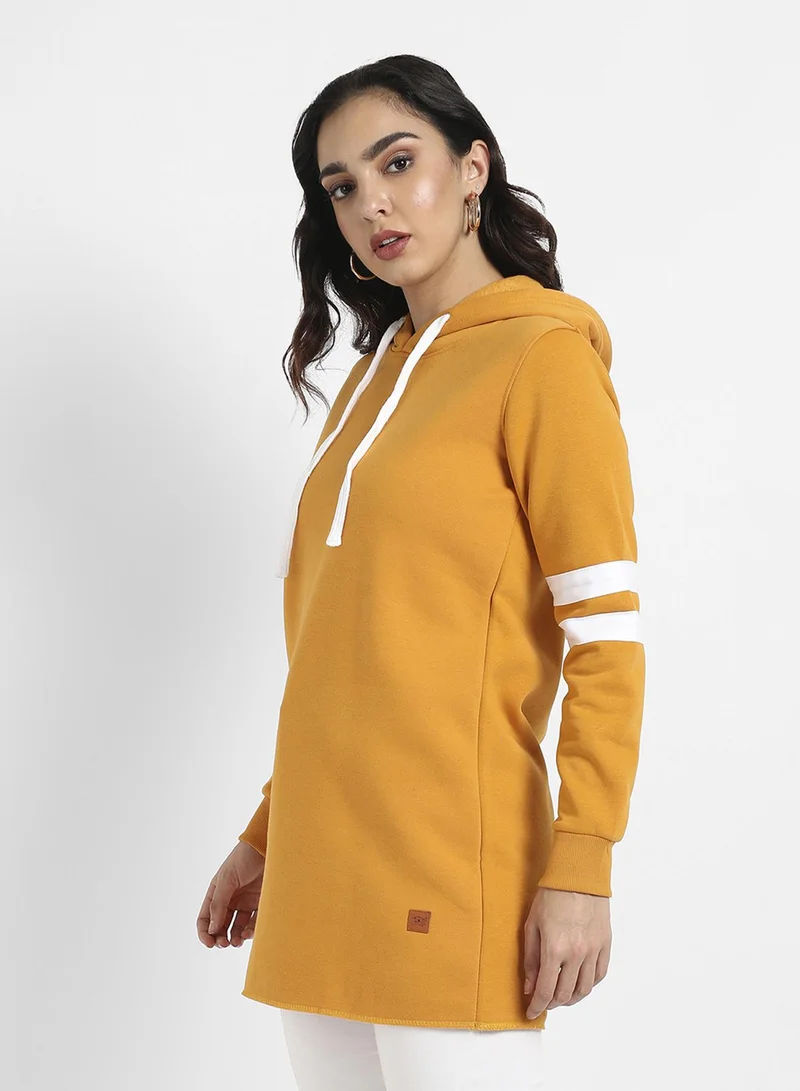 Campus Sutra Women's Yellow Pullover Hoodie With Contrast Stripe Sleeves For Casual Wear | Hood Neck | Long Sleeve | Drawstring Closure | Cotton Sweatshirt Crafted With Comfort Fit For Everyday Wear | Yellow