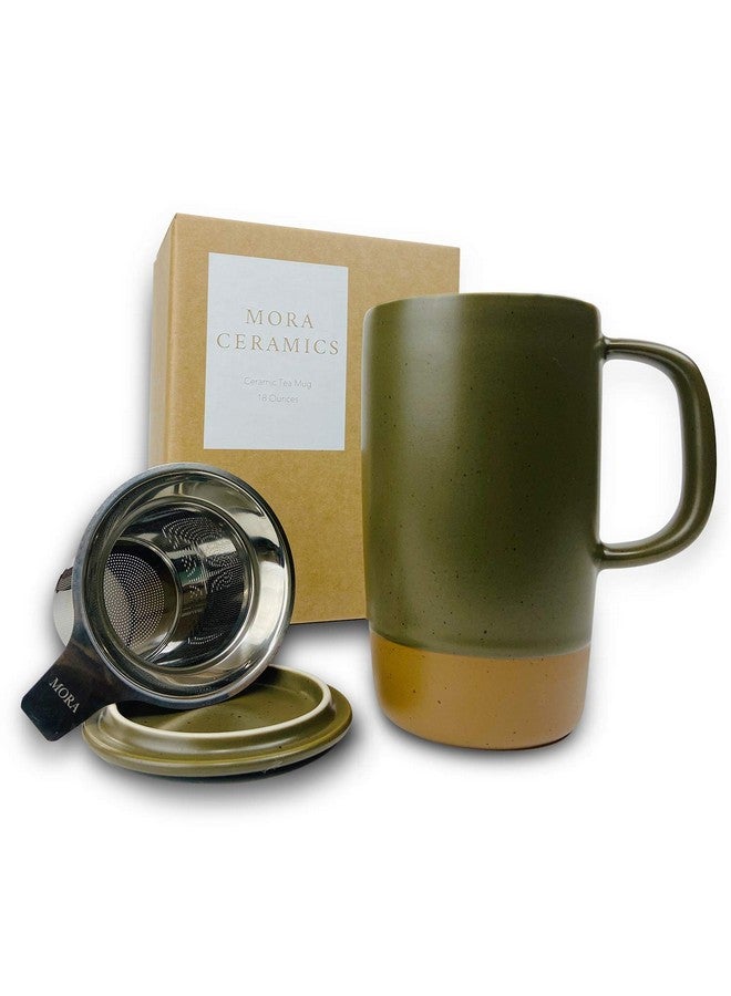 Mora Mora Ceramics Large Tea Mug with Loose Leaf Infuser and Ceramic Lid, 18 oz, Portable, Microwave and Dishwasher Safe, Tall Coffee Cup - Rustic Matte Ceramic Glaze, Modern Herbal Tea Strainer, Olive  - Image 1