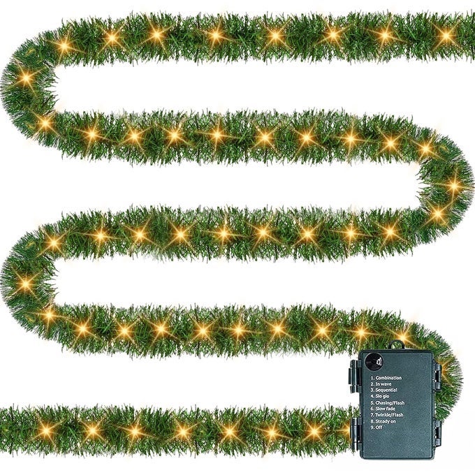 30 FT PreLit Christmas Garland Decorations 100 LED Lighted Artificial Pine Garlands with 8 Modes Green Garland for Indoor Outdoor Door Home Stairs Holiday Decor Warm White
