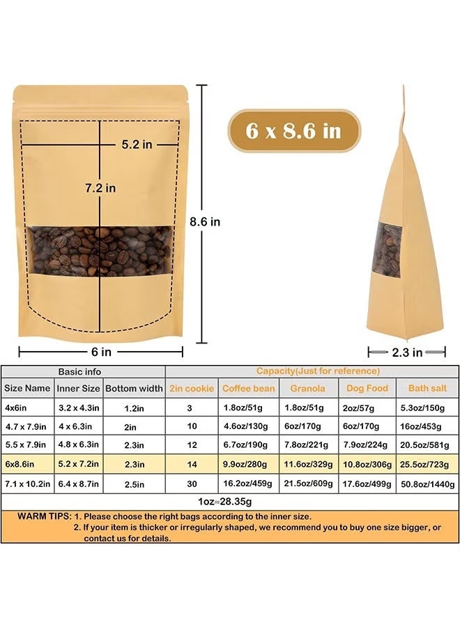 "50 pcs  Kraft Bags with Clear Window, Resealable Bags Stand Up Pouches Coffee Bags Sealable Bags for Packaging, Ziplock Stand Up Bags for Home or Business (15*22*4cm) " - Image 2