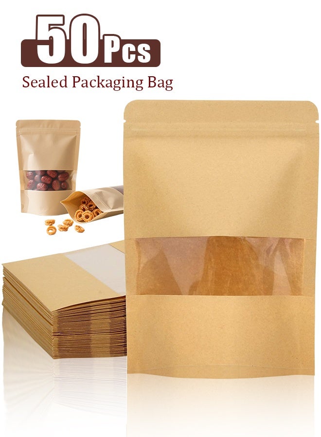 "50 pcs  Kraft Bags with Clear Window, Resealable Bags Stand Up Pouches Coffee Bags Sealable Bags for Packaging, Ziplock Stand Up Bags for Home or Business (15*22*4cm) " - Image 1