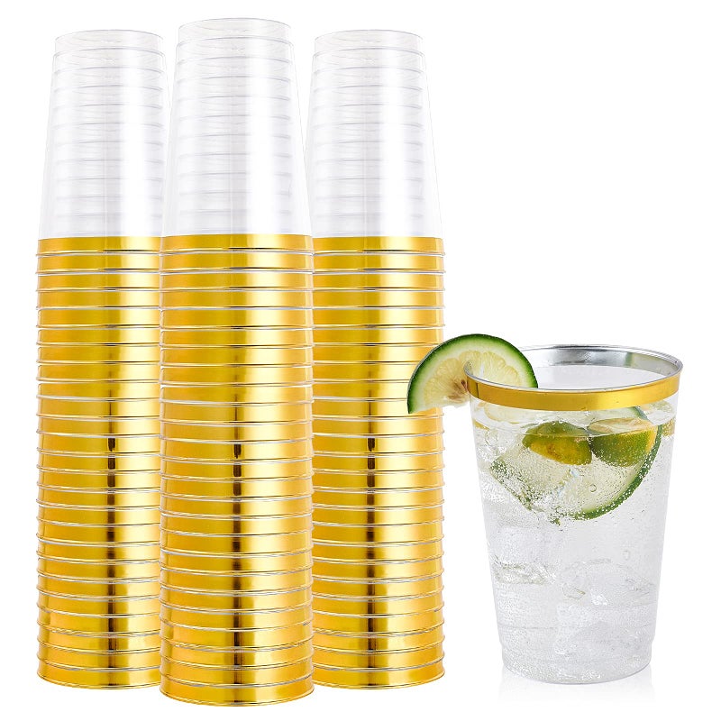 FOCUSLINE 100 Pack 12 oz Gold Rimmed Plastic Cups 12 Ounce Clear Plastic Tumblers Heavyduty  Fancy Disposable Hard Cups with Gold Rim for Wedding